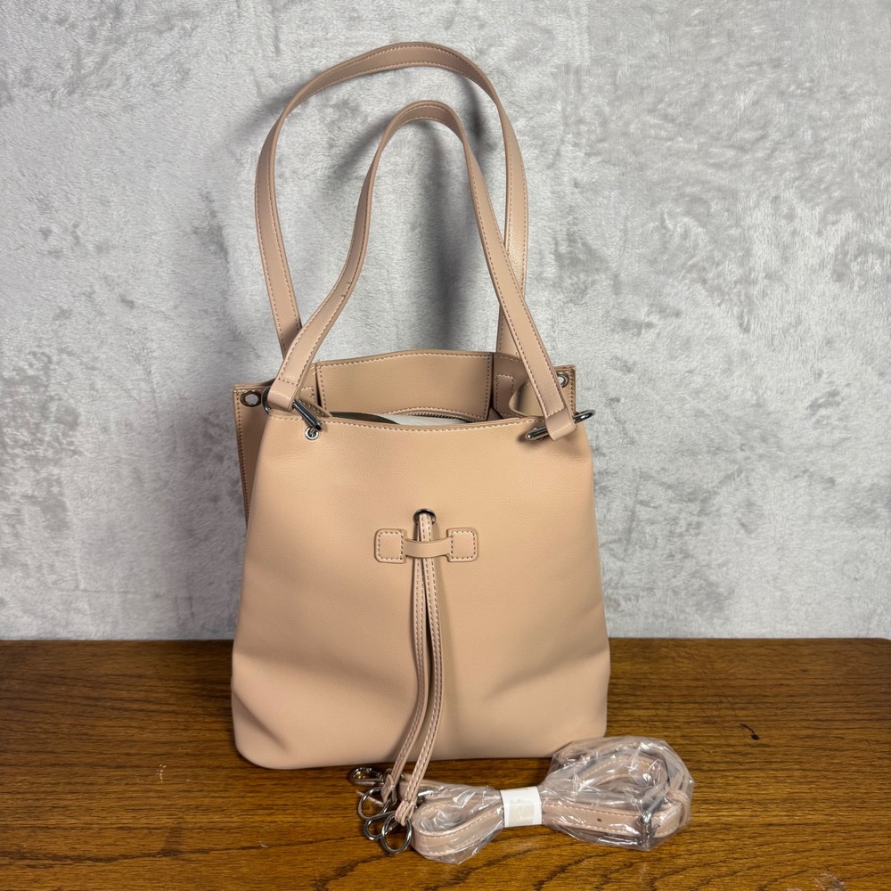 Zara Blush Faux Leather Bucket Bag with Zip‎ Close Detachable Shoulder Strap